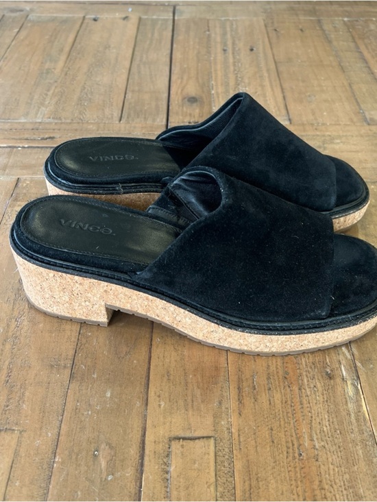 Vince Shoes - VINCE Women's Maddy Sandal Size 7.5 Block Heel Mule Cork Platfrom Black Suede